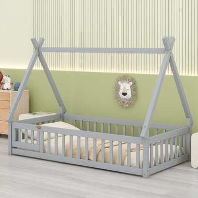 Lit de sol pour enfant en forme de tente Whimsical, cadre avec garde-corps, lattes robustes et porte