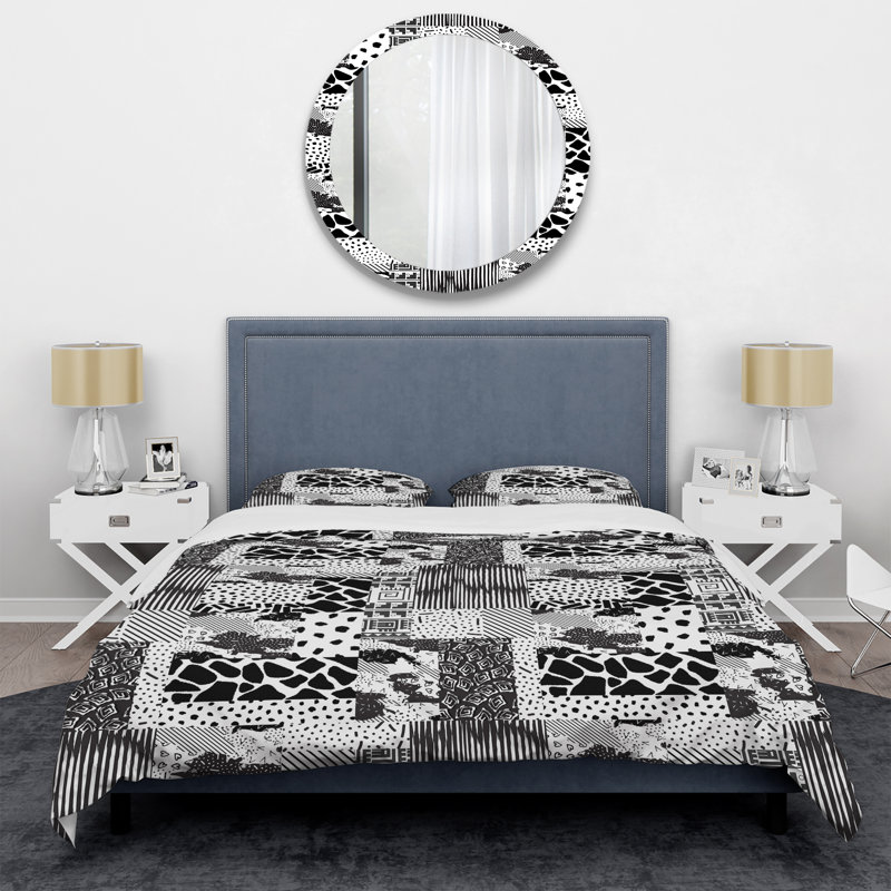 Patchwork blanc et argent - Ensemble de housse de couette abstrait - Microfibre de polyester