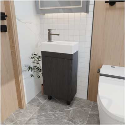 16 Inch Freestanding Bathroom Vanity with Undermount Ceramic Sink, Soft-Close Doors, and Moisture-Resistant Storage for Small Spaces
