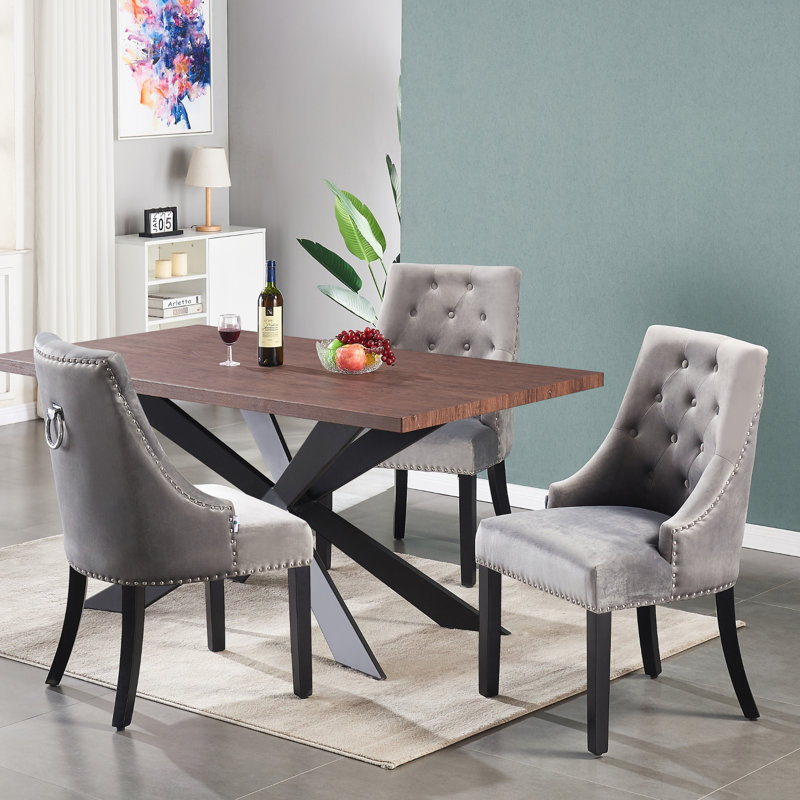 Trista 6 Person Dining set - a Rectangular Wooden Dining Table with Metal Legs and a Set of 6 Quilted Ring Knocker Velvet Dining Chairs for Dining Room - Modern Dining Table Set