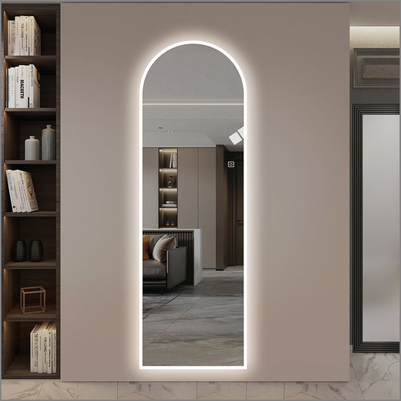 65" x 21" LED Full Length Wall Mirror, Symmetrical Arch Design with Frosted Glass Border, Dimmable 3 Color Temperature Lighting, Copper-Free Silver Glass, Hardwired or Plug-In