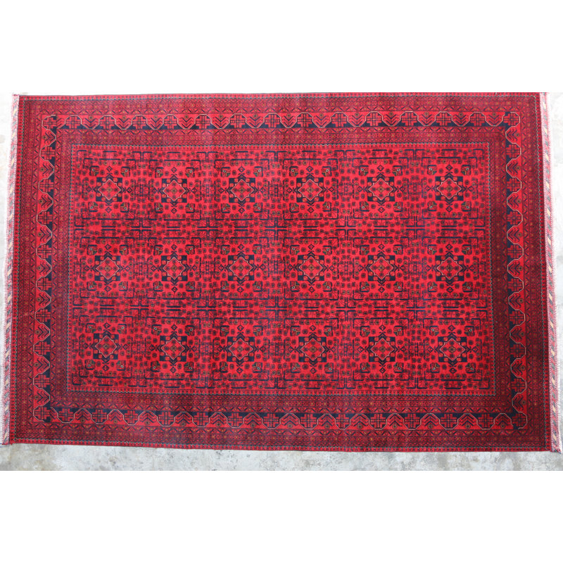 Afghan Wool Oriental Area Rug in Red/Navy Blue, Rectangle 6'6" x 9'10"