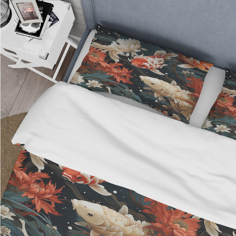 Ensemble de housse de couette Koi Pond Reflections I, Housse de couette simple + 1 taie décorative stan