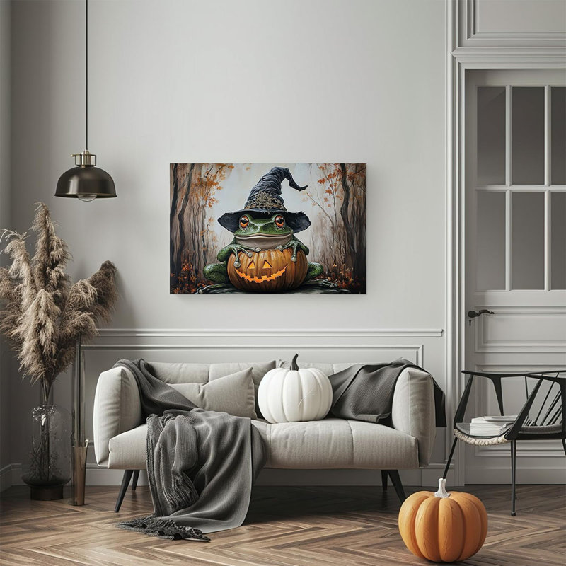 Halloween Witch Frog Canvas Wall Art Jack O'Lantern Whimsical spooky cute style, pumpkin jack o lantern, framed ready to hang, living room entryway kids room Autumn wall decor