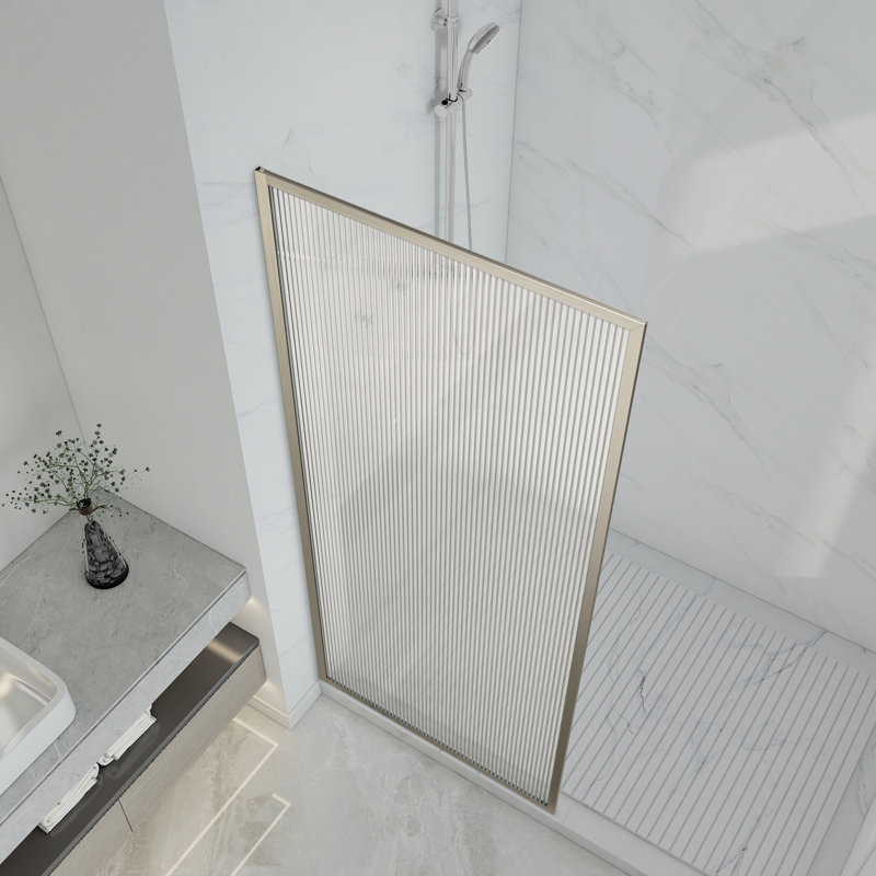 Welle 74 In. X 34 In. Framed Fixed Shower Screen Door In Brushed Nickel With 5/16" (8Mm) Tempered Fluted Glass, Fluted