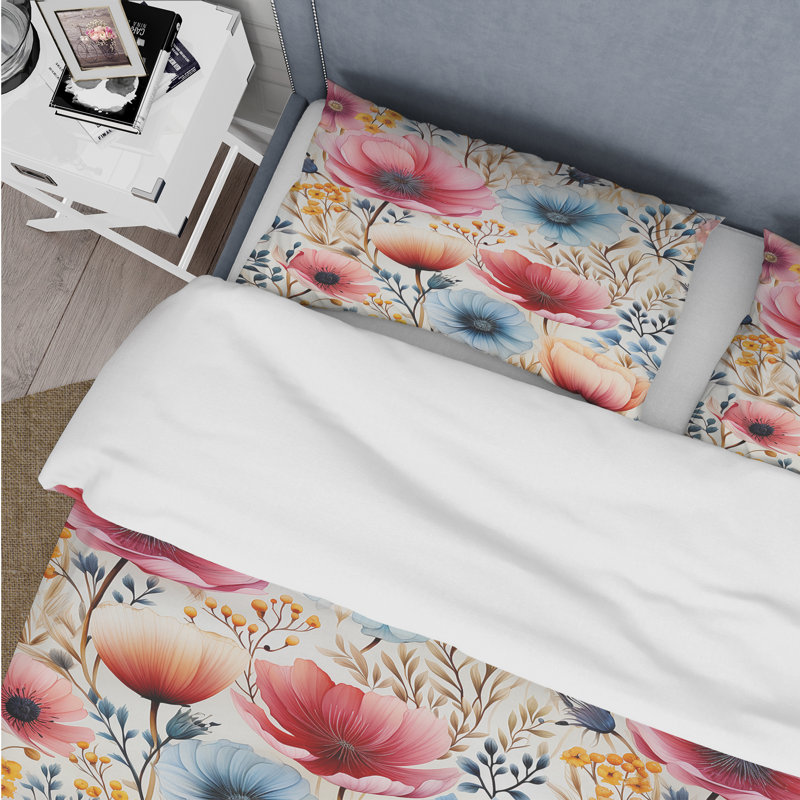 Multicolor Watercolor Wonderland Floral Pattern II Box Stitch Floral Duvet Cover, King Duvet Cover + 2 King Shams