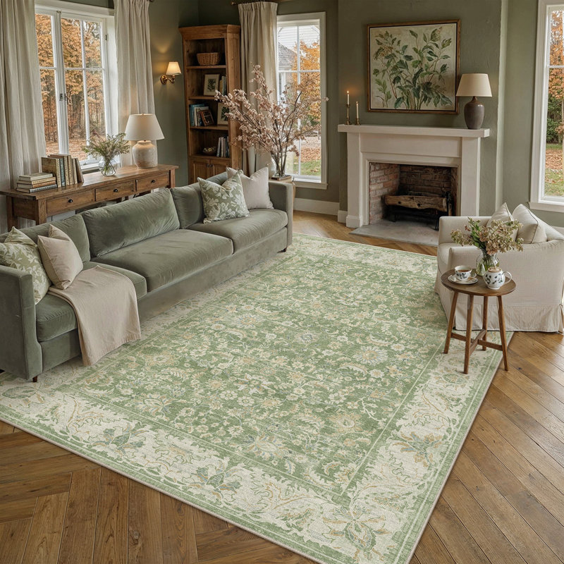 Tapis oriental lavable en machine Nestiva, Vert, Rectangle 8 pi x 10 pi