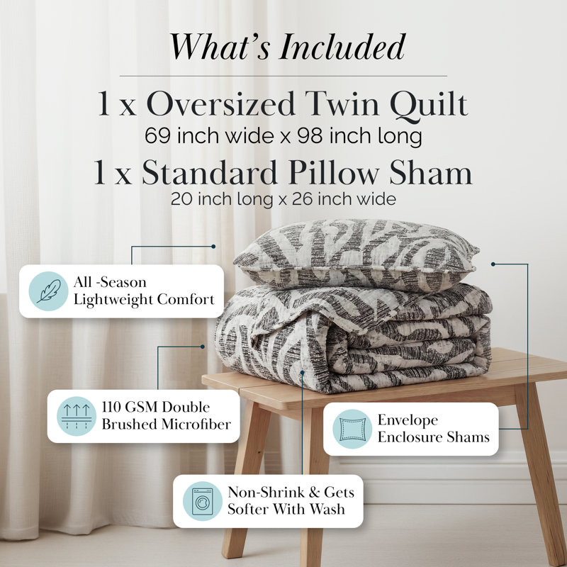 Khari Oversized easy care lightweight Quilt Set with shams by Southshore Fine Linens, Slate, Twin Quilt + 1 Standard Sham