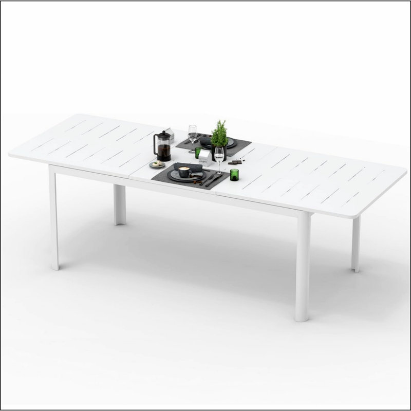 Table de salle à manger extensible pour patio, table d'extérieur en aluminium et métal pour 6 à 8 personnes Table rectangulaire pour porche, bistro de jardin (blanc ivoire)