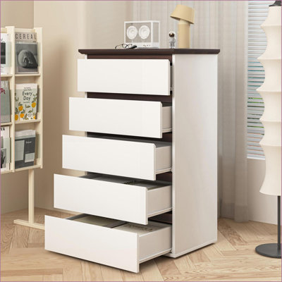 Commode, commode moderne à 5 tiroirs pour la chambre à coucher, blanc Noyer | Panneau de particules | Blanc