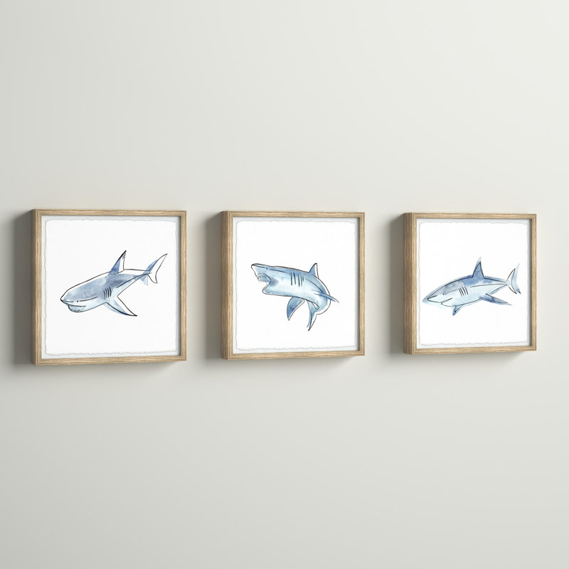 Callum Fiery Sharks Triptych 3-Piece Set Framed Print, 12" H x 12" W x 1.5" D