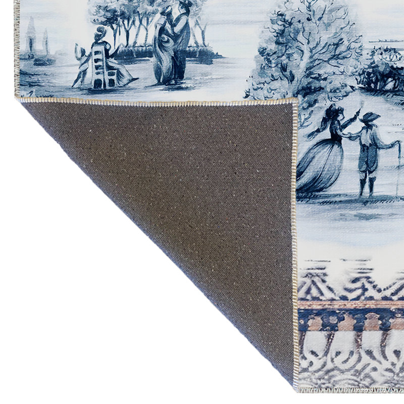 Tapis décoratif à motif de montgolfières, d'arbres et de cavaliers de couleur bleue sur le thème de la nature