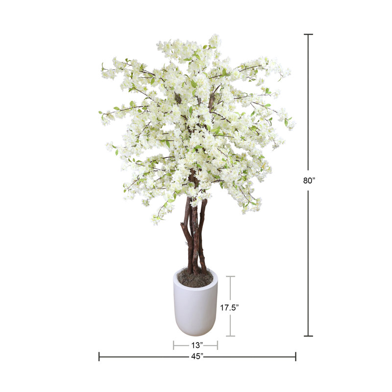 Faux Cherry Blossom Tree Plant in Fiberstone, White