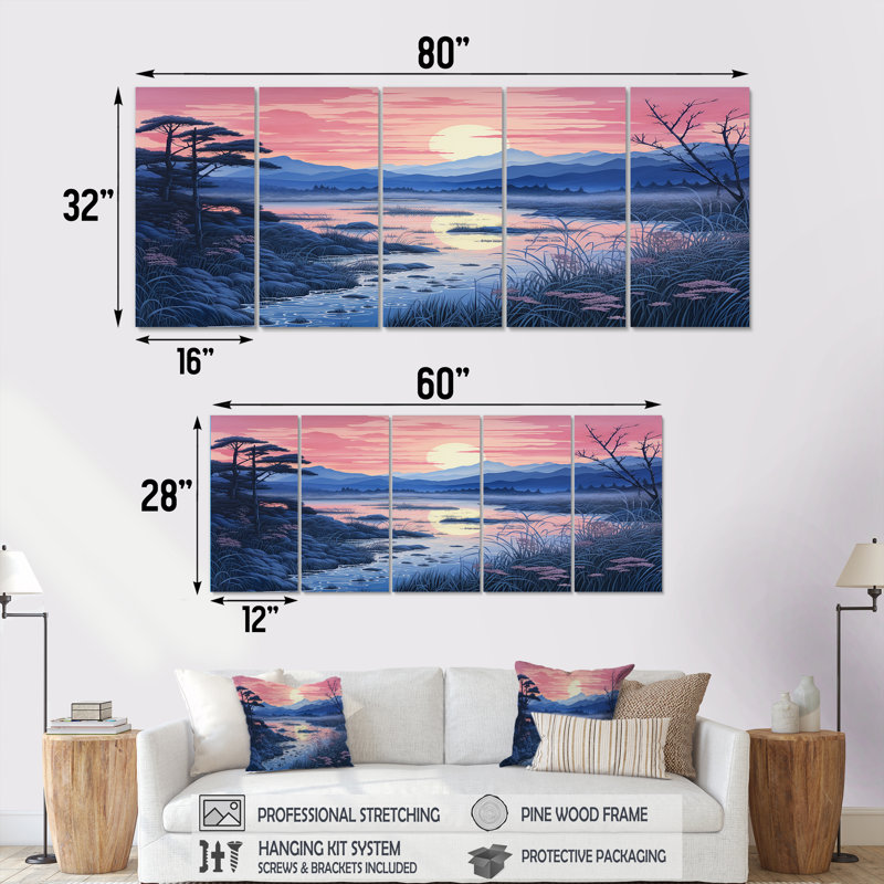 «Pink Japanese Lake View - River Mountain», ensemble de 5 pièces d'art mural, H 32 po x l 80 po