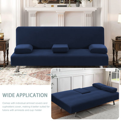 Machine Washable 4 Pieces Stretch Futon Covers Sofa Bed Slipcover with Removable Armrests and Cupholders Covers Furniture Protector High Spandex Small Checks Jacquard Fabric