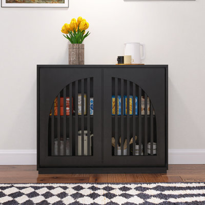 Mid Century Modern Fluted Sideboard Cabinet With 2 Outlet Holes, Buffet Cabinet With Storage,Black