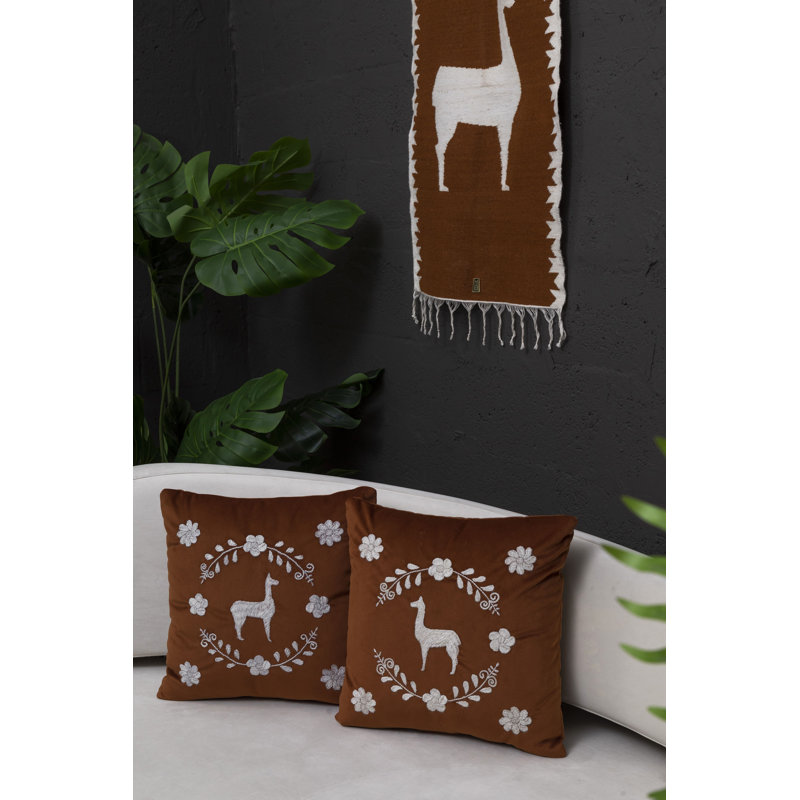 Llama Hand Embroidered Decorative Throw Pillows by Andean, In Stock, Brown/White