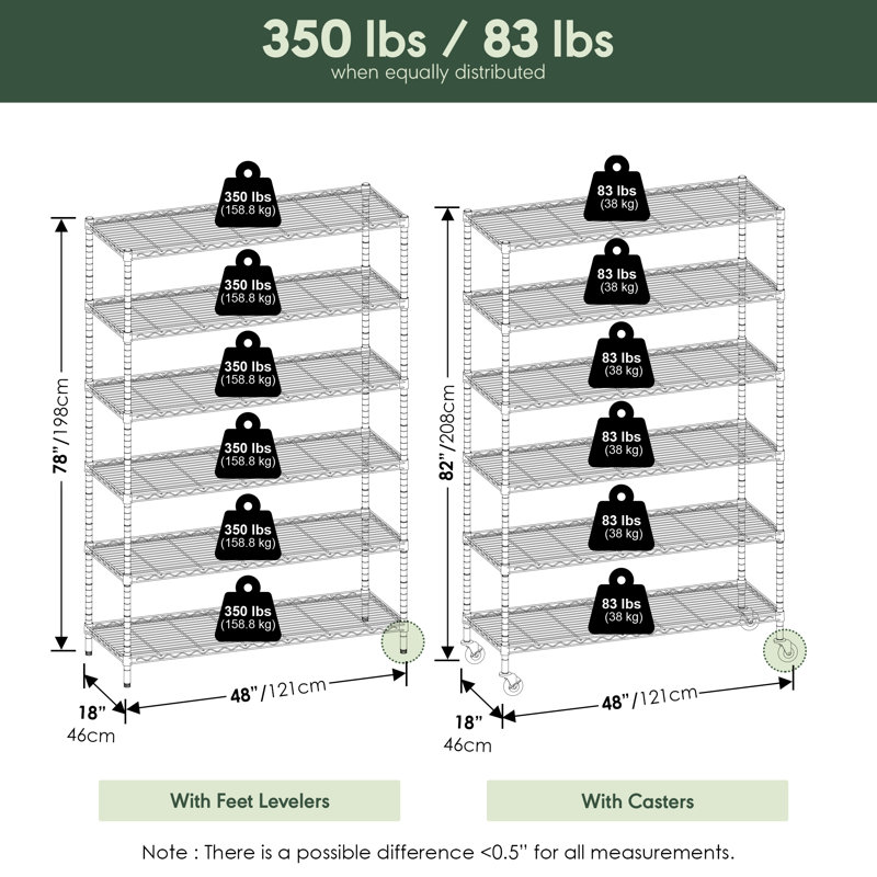 Ceana 6-Tier Metal Storage Shelf Rack, 208.28cm H x 121.92cm W x 45.72cm D, Stainless Steel