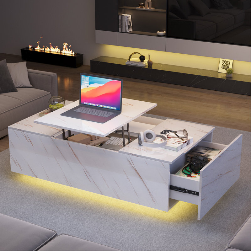 Table basse à plateau relevable avec rangement, lumières DEL 24 couleurs, chargement sans fil et haut-parleur Bluetooth pour le salon, blanc