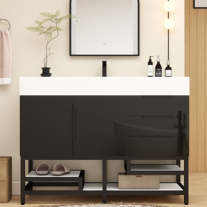 Finition du meuble-lavabo sur pied simple 48 po Jessica / Base: chêne blanc, Noir lustré
