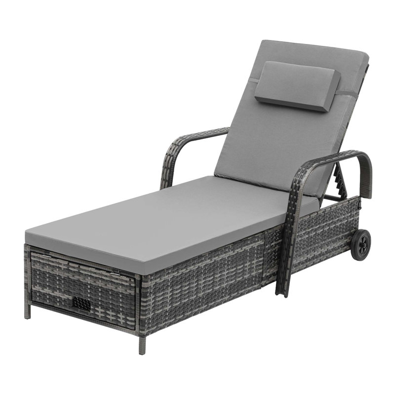 Chaise longue inclinable en osier avec rangement, Gris, Gris
