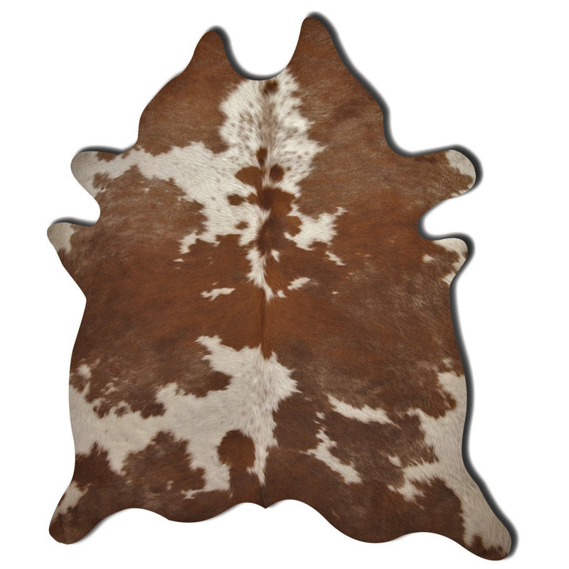 Tapis brun et blanc en cuir de vache véritable 6 pi x 7 pi Angelou, Nouveauté 6 pi x 7 pi