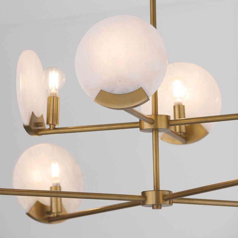 Lustre à 8 niveaux en laiton vieilli avec pierre d'albâtre naturelle l 36 po x H 13 po
