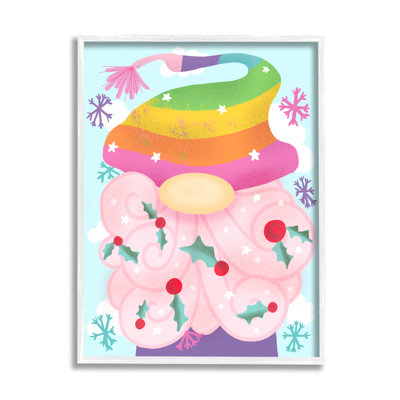 «Whimsical Winter Rainbow Gnome Red Holly Beard» surdimensionné encadré blanc, art texturé par Daphne Polselli