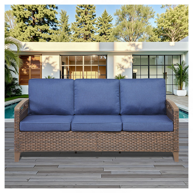 Canapé d'extérieur en osier de 73,6 po de largeur, canapé à assise profonde avec coussins pour la véranda, bleu