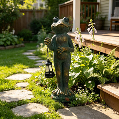 Sculpture de grenouille debout bronze-vert antique avec lanterne solaire, décoration d'extérieur fantaisiste en oxyde de magnésium pour porche et jardin