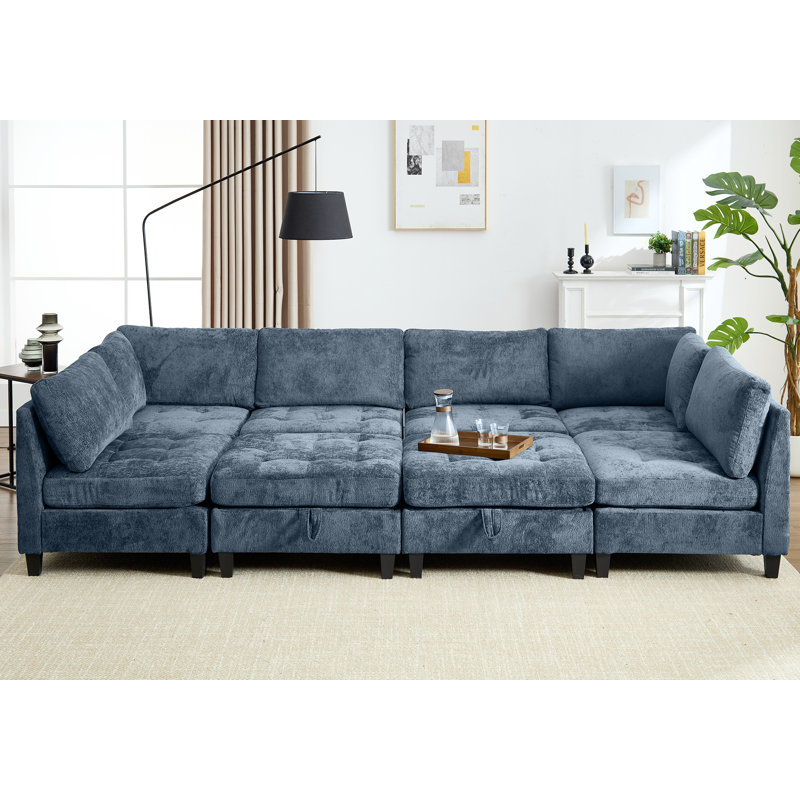 Chenille Sleeper Sectional Corner Couch Modular Sofa Bed With Storage Chaise, 33.5'' H x 256'' W x 32.3'' D, Blue Chenille