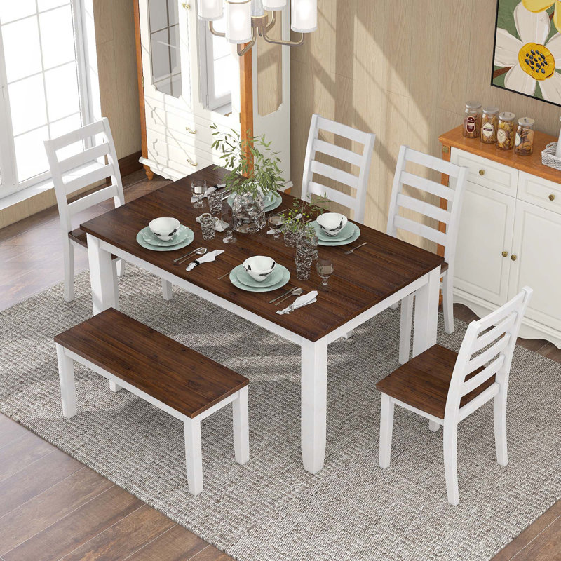Rustic Style 6-Piece Dining Room Table Set, Brown, Brown/White