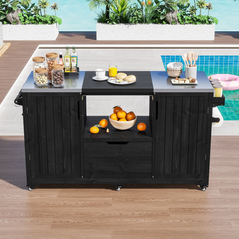 Chariot de cuisine pour l'extérieur avec tablettes réglables, plateau en acier inoxydable et deux armoires de rangement, Noir