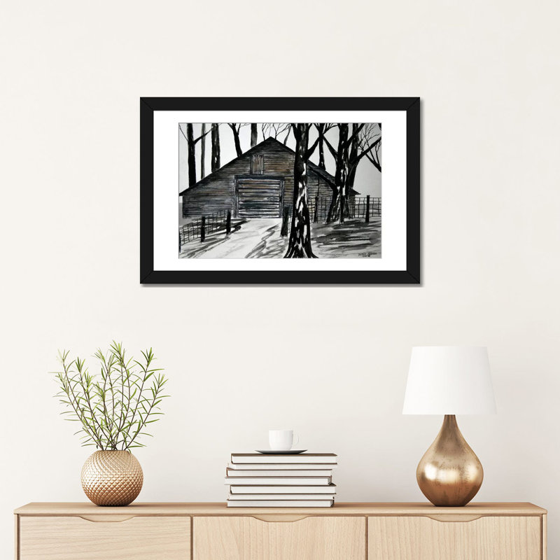 «Country Barn», reproduction sur toile, H 16 po x l 24 po x P 1 po, Papier d'art encadré noir, Blanc