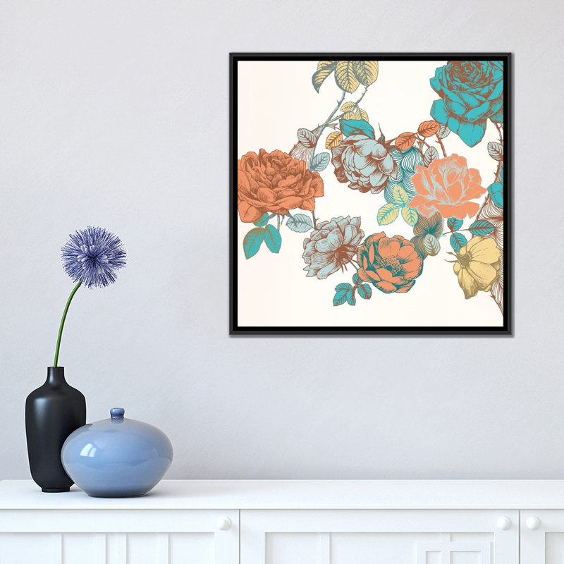 Fleurs et feuilles - Impression d'art graphique, Toile avec cadre noir, Aucun mat, H 18 po x l 18 po x P 1,5 po