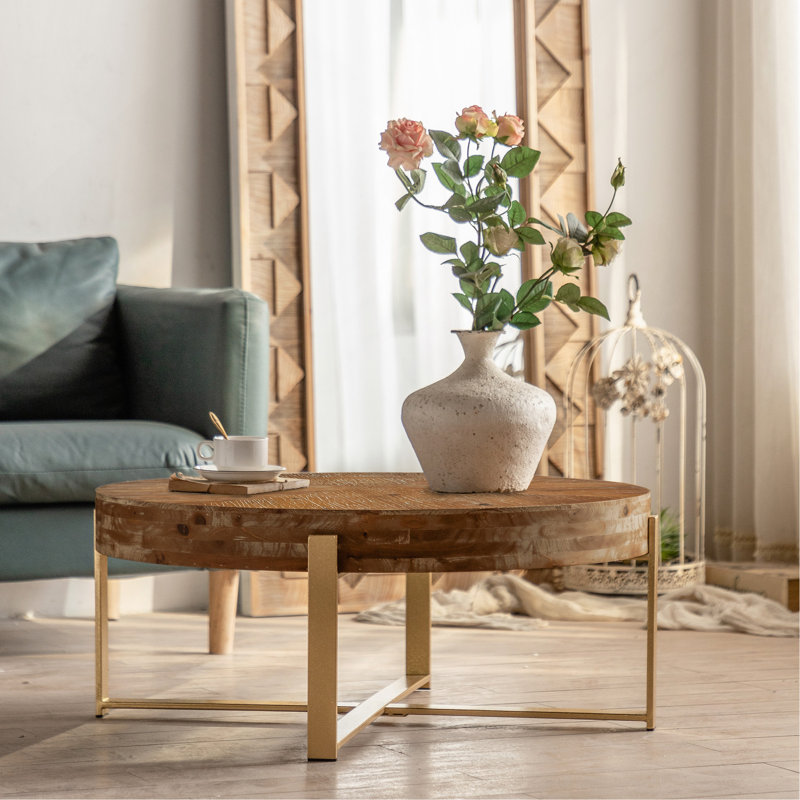 Table basse moderne d'épissure rétro moderne, plateau en bois de sapin avec pieds croisés, Or
