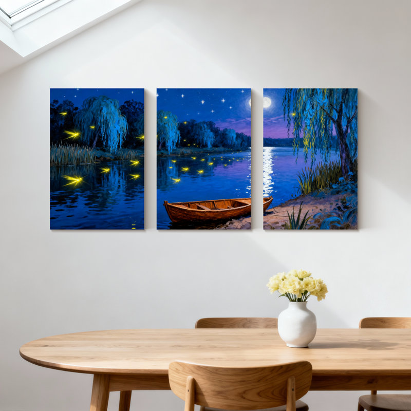 Abstrait nuit, bateau sur le lac, étoiles, lucioles, arbres, lune réfléchissante, ensemble de 3 impressions sur toile