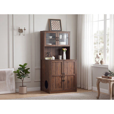 Extra-Large Enclosure for Self-Cleaning Cat Litter Boxes, Wooden Cat Litter Furniture with LED Lighting, a Adjustable Shelf and Doors（Wine Red）