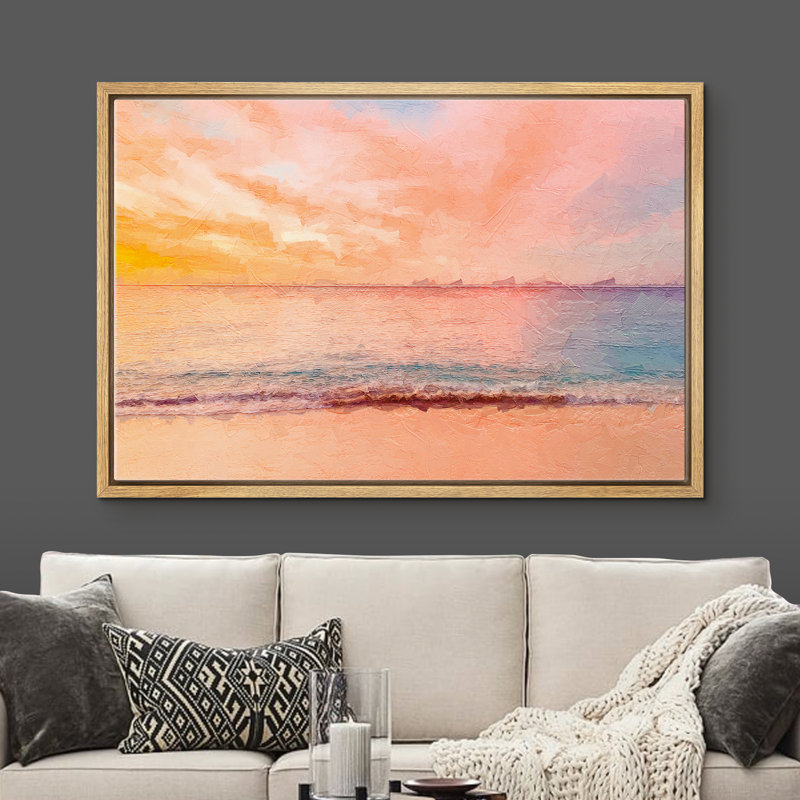 Nuage coloré illuminant la mer, reflétant l'eau au coucher du soleil - peinture sur toile à cadre flottant, Brun