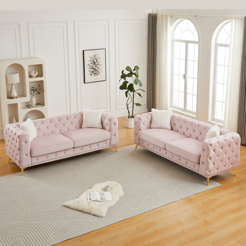 Ensemble de canapés à compression en velours 3 places, rose moderne avec pieds en métal