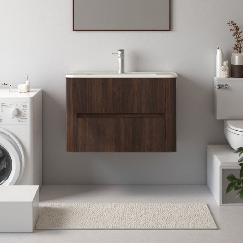 Meuble-lavabo mural 30 po avec lavabo intégré en céramique blanche, armoire de salle de bain flottante à deux tiroirs, noyer foncé