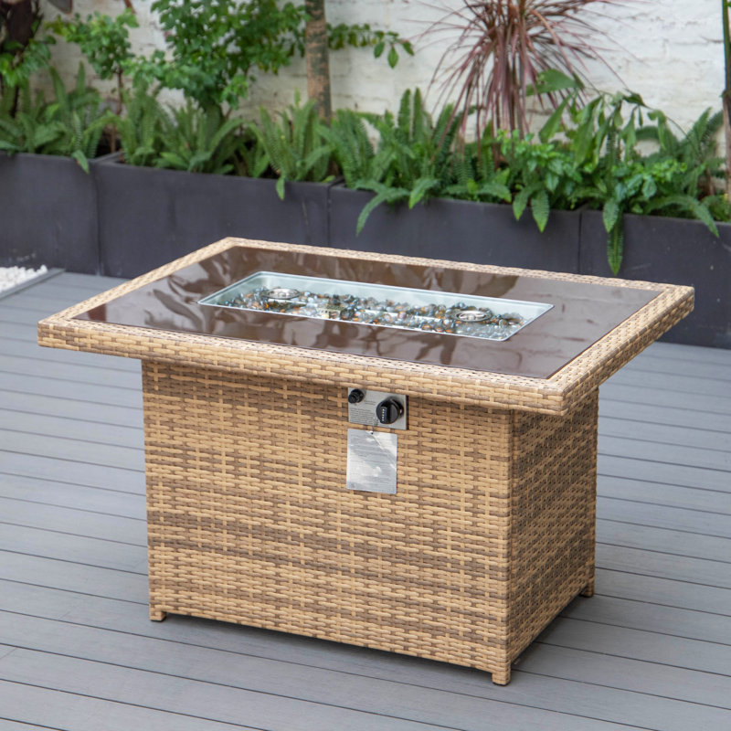 Nashia 44" Rectangular Propane Fire Pit Table - 55,000 BTU Outdoor Gas Fireplace - Wicker Frame, Glass Shield & Matching Lid