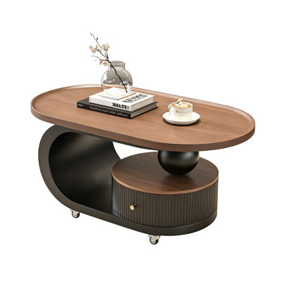 Modern Simple Brown Oval Movable Coffee Table with Wheels and Storage Drawer
