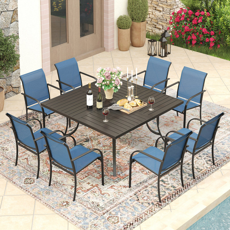 Ensemble repas de patio en métal pour 8 personnes avec table carrée Erilas, Noir / Bleu