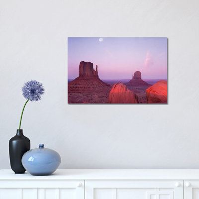 East And West Mittens, Buttes At Sunrise With Full Moon by Tim Fitzharris - Wrapped Canvas Print