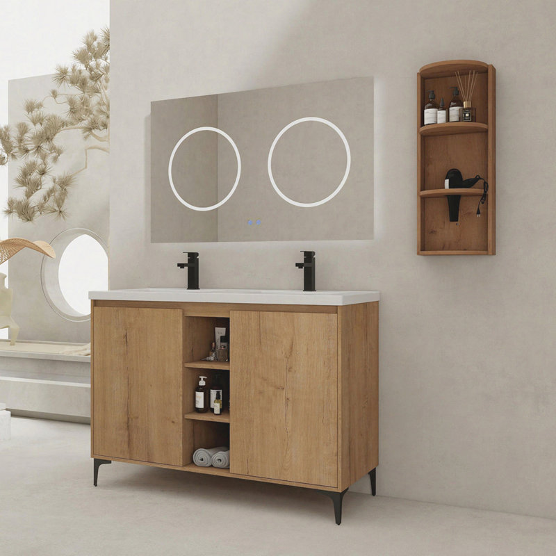 Meuble-lavabo autoportant 48 po avec lavabo double et support de rangement, portes à fermeture douce