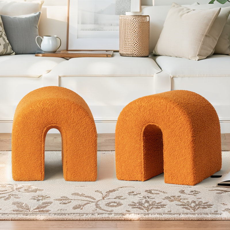 2-Pack Ottomans, Orange Accent Vanity Stools Upholstered Small Makeup Stool Footstool, Orange