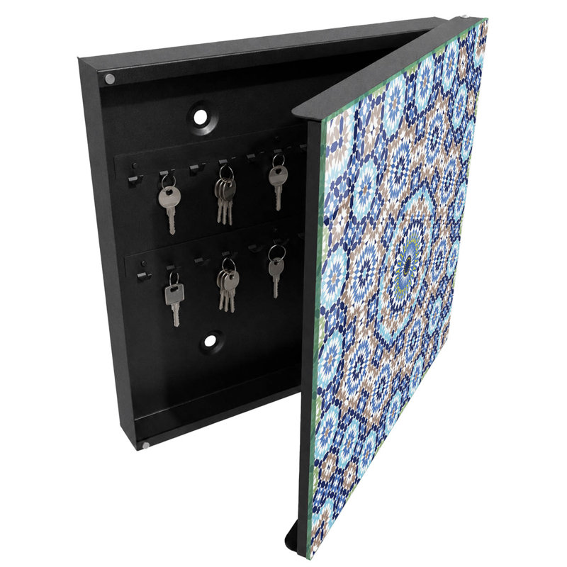 Key storage box, Opens to the left, 30x30x5, Black, Colorful mosaics with geometric patterns, 
