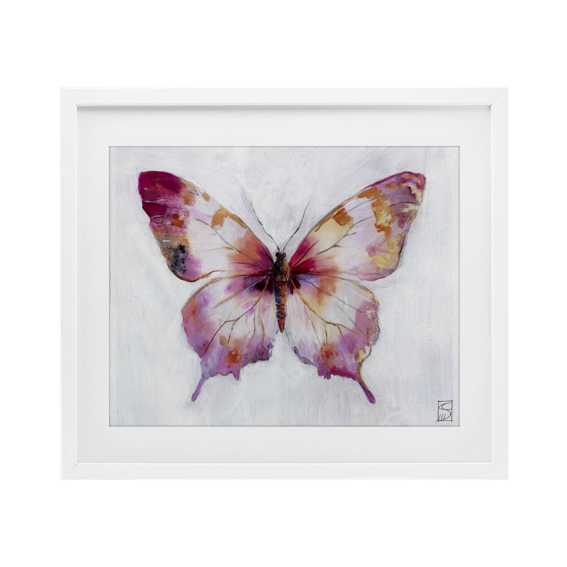 «Graceful Pink Butterfly», reproduction sous verre encadrée, design par Sara Culpepper, H 13 po x l 16 po, Cadre blanc côtier