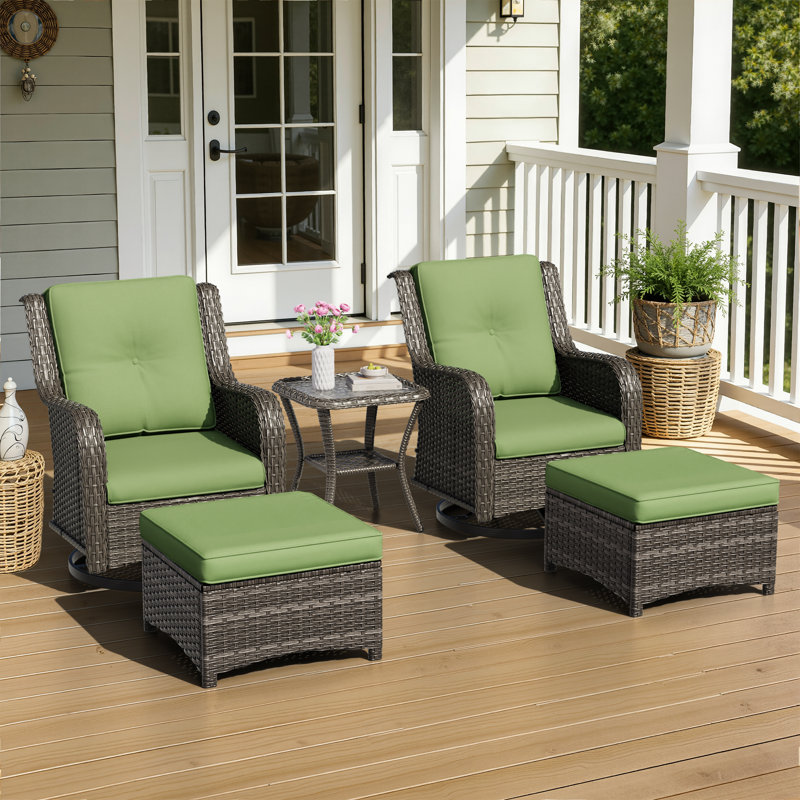 Ensemble de conversation en rotin pour 2 personnes avec 2 repose-pieds, 2 fauteuils pivotants et coussins verts, Vert